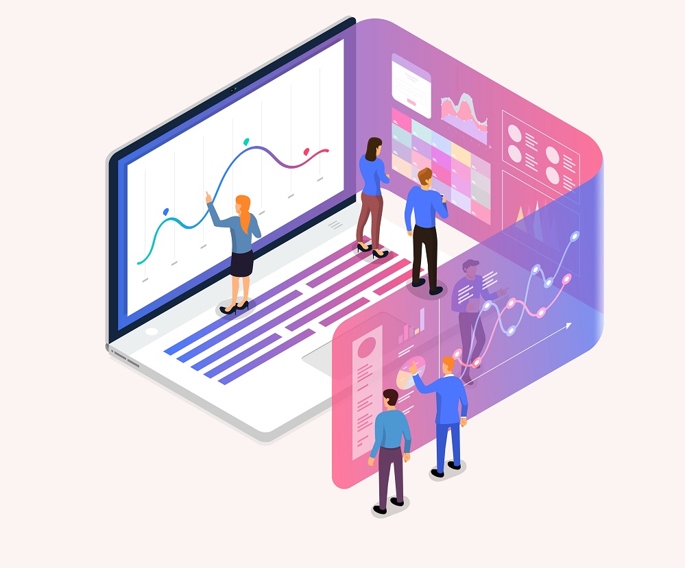 Isometric illustrations concept data analysis teamwork and tools. small people working on laptop computer expand graph and chart for analytics. Vector illustrate.