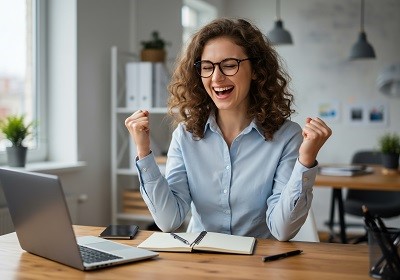 Excited Businesswoman Celebrating Success at Desk
